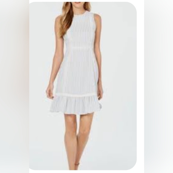 Calvin Klein Seesucker Flounce Striped White & Blue Sheath Summer Dress Size 8 - Picture 1 of 12